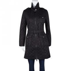 Pre Owned Burberry London Black Diamond Quilted Zip Front Belted Long Jacket XS