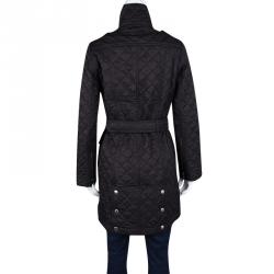 Pre Owned Burberry London Black Diamond Quilted Zip Front Belted Long Jacket XS