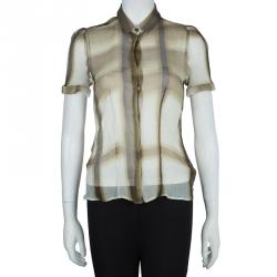 مملوكة مسبقًا Burberry Brown Checked Crinkled Silk Short Sleeve Sheer Blouse S