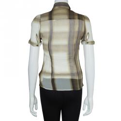 مملوكة مسبقًا Burberry Brown Checked Crinkled Silk Short Sleeve Sheer Blouse S