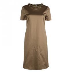 Pre Owned Burberry Brown Studded Neck Detail Short Sleeve Dress S