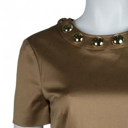 Pre Owned Burberry Brown Studded Neck Detail Short Sleeve Dress S