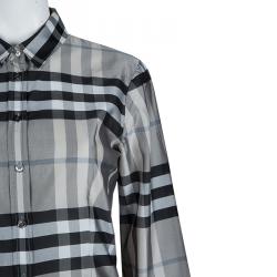 مملوكة مسبقًا قميص بربري رصاصي كاروهات نوفا بأكمام طويلة وأزرار أمامية M
