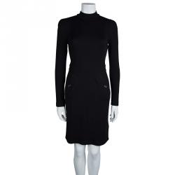 Pre Owned فستان بربري صوف أسود ياقة مستديرة أكمام طويلة M