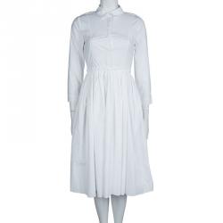 مملوكة مسبقًا Burberry White Cotton Gathered Long Sleeve Shirt Dress S