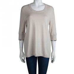 Pre Owned Burberry Beige Novacheck Trim Crew Neck Sweater M