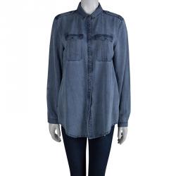 مملوكة مسبقًا قميص بربري أزرق بأزرار أمامية أكمام طويلة M