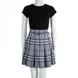 Pre Owned Burberry Grey Nova Check Cotton Pleated Belted Skirt M