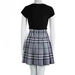 Pre Owned Burberry Grey Nova Check Cotton Pleated Belted Skirt M
