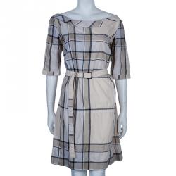 Pre Owned Burberry Brit Check Crinkle Cotton Kristie Dress L