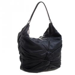 Pre Owned Burberry Black Leather Ruched Hobo