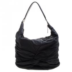 Pre Owned Burberry Black Leather Ruched Hobo