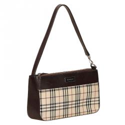 Pre Owned Burberry Dark Brown Plaid Canvas/Leather Shoulder Bag