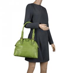 Pre Owned Burberry Green Embossed Check Leather Satchel