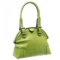 Pre Owned Burberry Green Embossed Check Leather Satchel