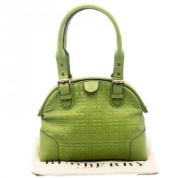 Pre Owned Burberry Green Embossed Check Leather Satchel