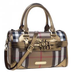 Pre Owned حقيبة يد بربري هاوس تشيك بولينج كانفاس حافة جلد ذهبي
