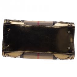 Pre Owned حقيبة يد بربري هاوس تشيك بولينج كانفاس حافة جلد ذهبي