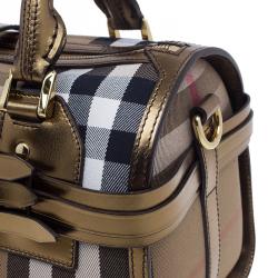 Pre Owned حقيبة يد بربري هاوس تشيك بولينج كانفاس حافة جلد ذهبي