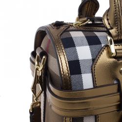 Pre Owned حقيبة يد بربري هاوس تشيك بولينج كانفاس حافة جلد ذهبي