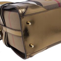 Pre Owned حقيبة يد بربري هاوس تشيك بولينج كانفاس حافة جلد ذهبي