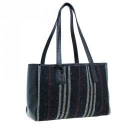 Pre Owned Burberry Wool and Calf Leather Check Shopper Tote Bag