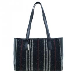 Pre Owned Burberry Wool and Calf Leather Check Shopper Tote Bag