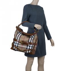Pre Owned Burberry Dark Tan Canvas Medium Briddle House Check Gosford Hobo 