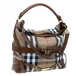 Pre Owned Burberry Dark Tan Canvas Medium Briddle House Check Gosford Hobo 
