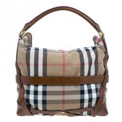 Pre Owned Burberry Dark Tan Canvas Medium Briddle House Check Gosford Hobo 