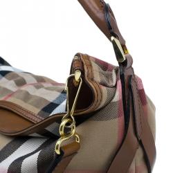 Pre Owned Burberry Dark Tan Canvas Medium Briddle House Check Gosford Hobo 