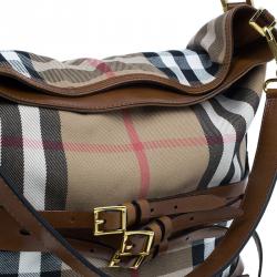 Pre Owned Burberry Dark Tan Canvas Medium Briddle House Check Gosford Hobo 