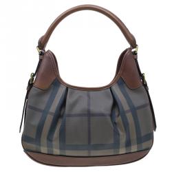 Burberry Dark Tan Check Coated Canvas Small Brooklyn Hobo