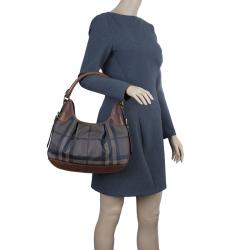 Burberry Dark Tan Check Coated Canvas Small Brooklyn Hobo