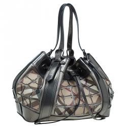 Pre Owned Burberry Metallic Silver Nova Check Leather Warrior Armor Hobo