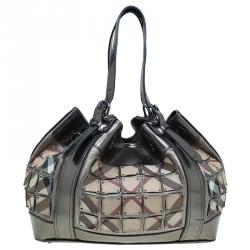 Pre Owned Burberry Metallic Silver Nova Check Leather Warrior Armor Hobo