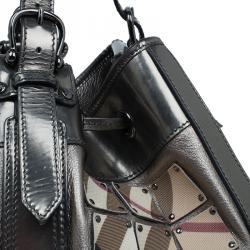 Pre Owned Burberry Metallic Silver Nova Check Leather Warrior Armor Hobo