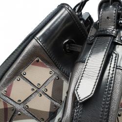 Pre Owned Burberry Metallic Silver Nova Check Leather Warrior Armor Hobo
