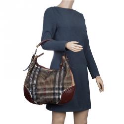 Pre Owned Burberry Brown Nova Check Canvas and Leather Studded Hoxton Hobo