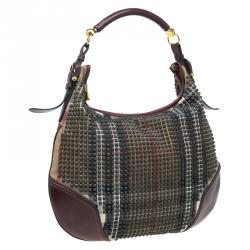 Pre Owned Burberry Brown Nova Check Canvas and Leather Studded Hoxton Hobo