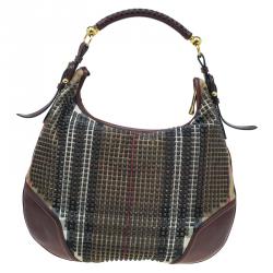 Pre Owned Burberry Brown Nova Check Canvas and Leather Studded Hoxton Hobo