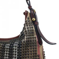 Pre Owned Burberry Brown Nova Check Canvas and Leather Studded Hoxton Hobo