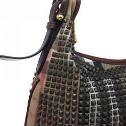 Pre Owned Burberry Brown Nova Check Canvas and Leather Studded Hoxton Hobo