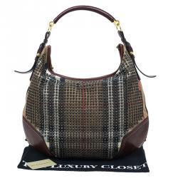 Pre Owned Burberry Brown Nova Check Canvas and Leather Studded Hoxton Hobo