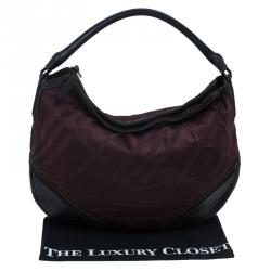 Pre Owned Burberry Burgundy Tonal Check Nylon Medium Maskell Hobo