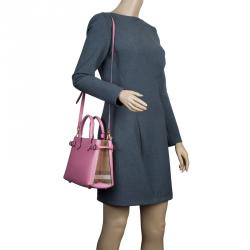 Pre Owned Burberry Pink House Check Leather Small Banner Top Handle Bag