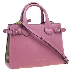 Pre Owned Burberry Pink House Check Leather Small Banner Top Handle Bag