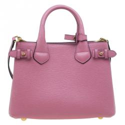Pre Owned Burberry Pink House Check Leather Small Banner Top Handle Bag