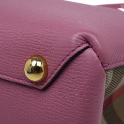 Pre Owned Burberry Pink House Check Leather Small Banner Top Handle Bag