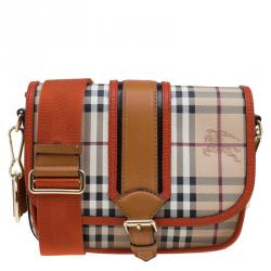Burberry Beige/Orange Classic Check Coated Canvas Messenger Bag